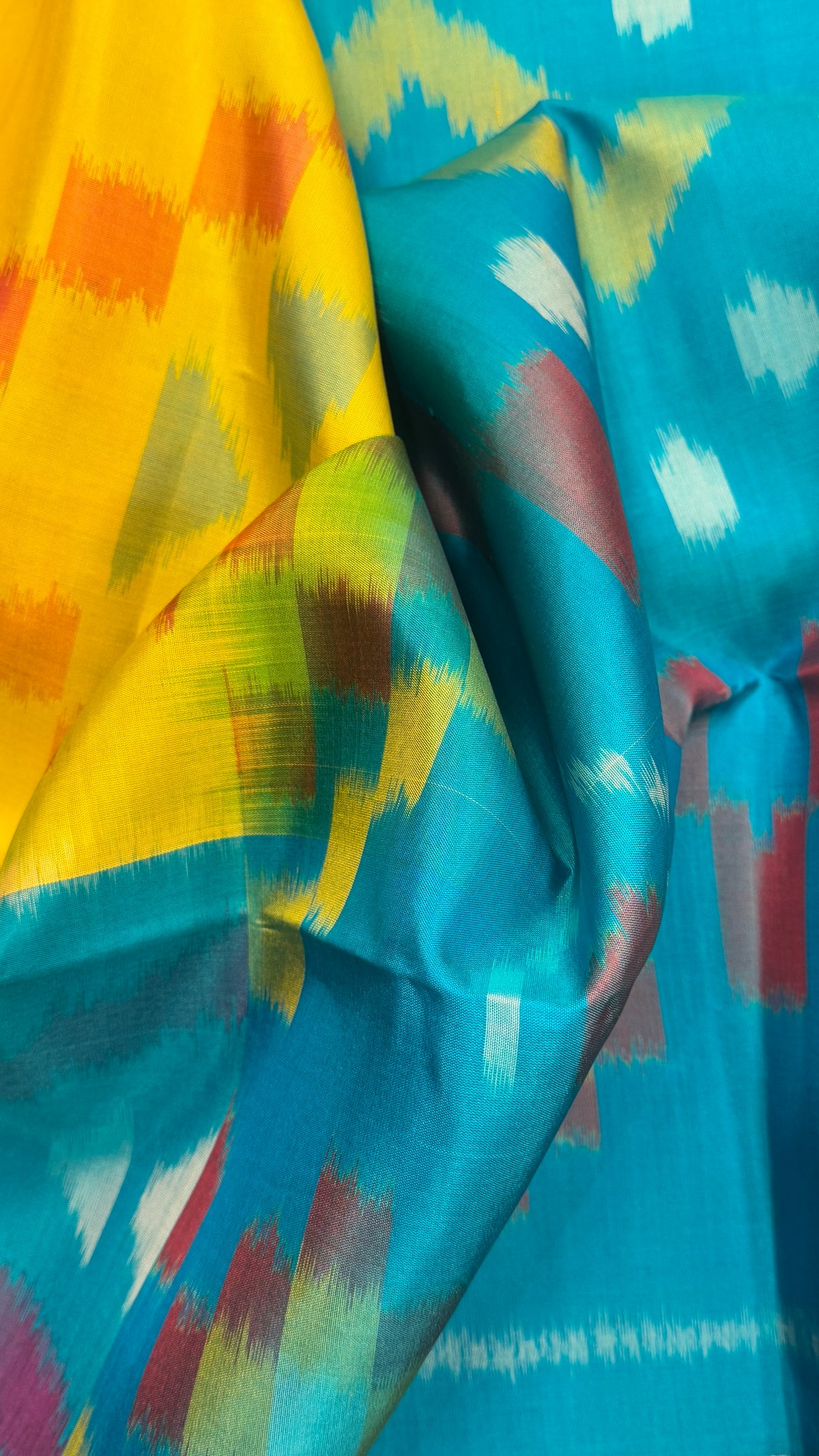 Pure Ikkat Soft Silk saree - Yellow & Turquoise Blue|Silk Mark Certified
