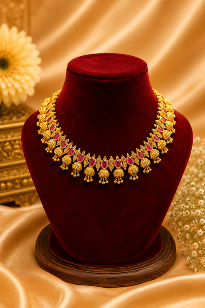 Antique Gold-Plated Choker Necklace Set with Ruby Stone Detailing & Gold Bead Hangings