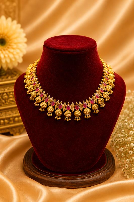 Antique Gold-Plated Choker Necklace Set with Ruby Stone Detailing & Gold Bead Hangings