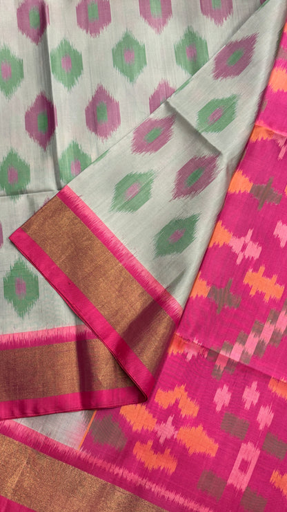 Pure Ikkat Soft Silk saree - Halfwhite & Pink|Silk Mark Certified