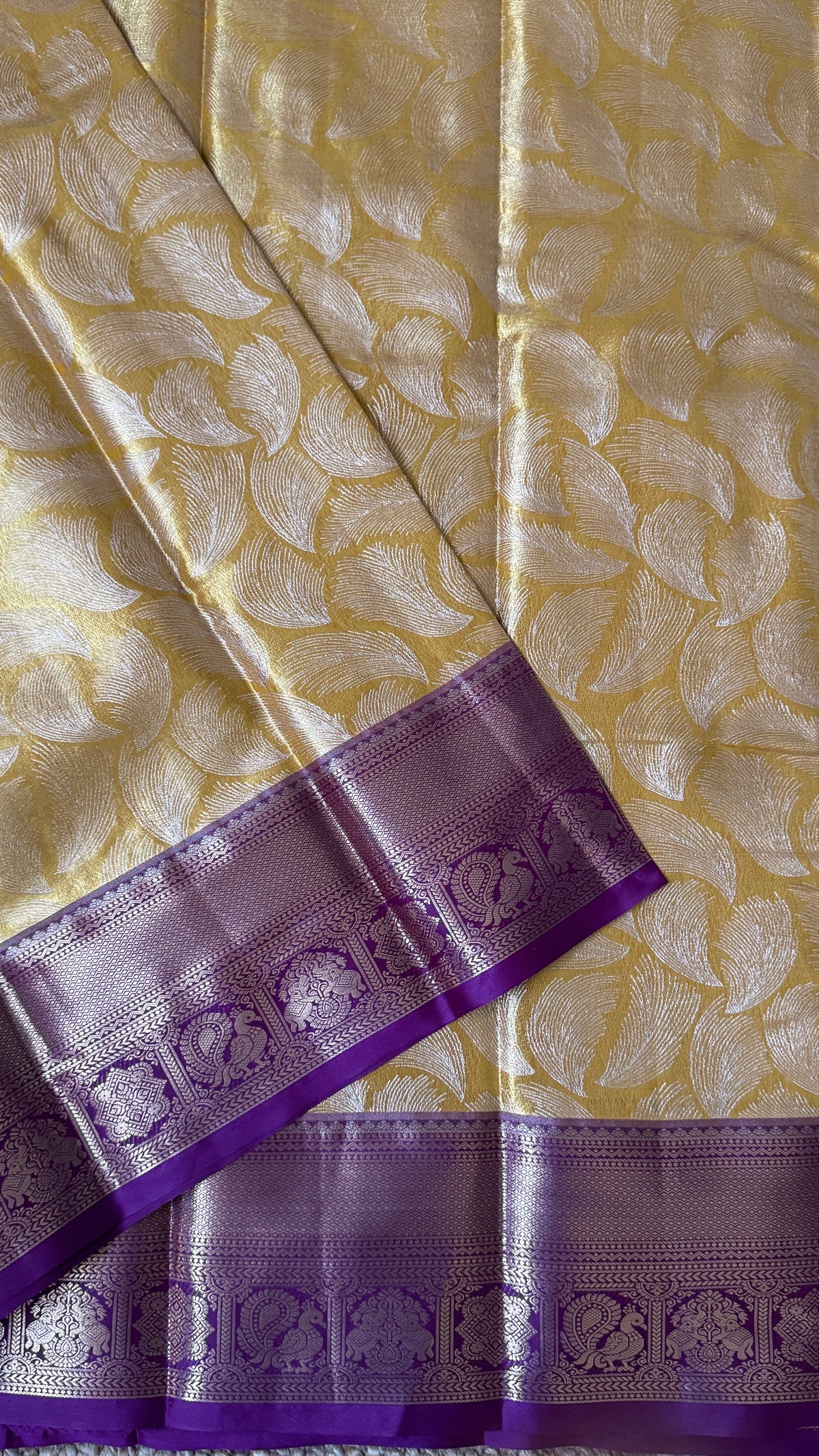Semi Silk Mini Kanchivaram Tissue Saree – Light Golden Yellow & Magenta