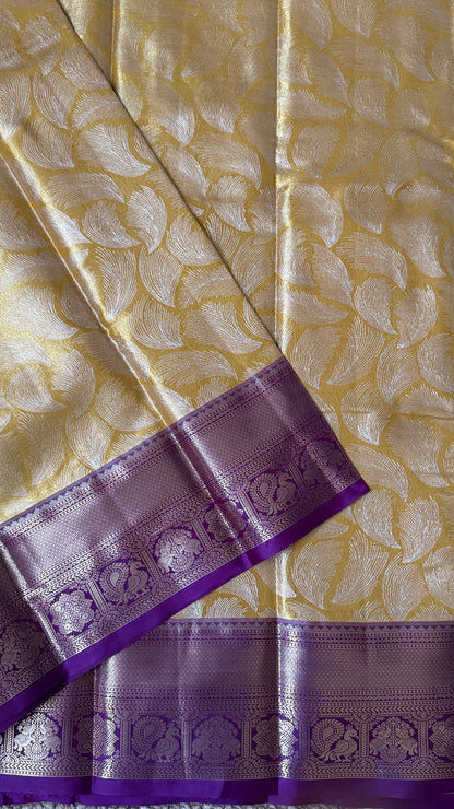 Semi Silk Mini Kanchivaram Tissue Saree – Light Golden Yellow & Magenta