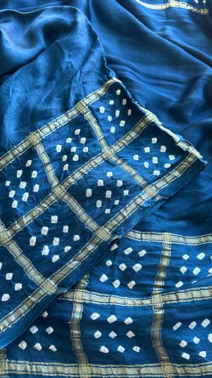 Tie & Dye Handknotted Gharchola Bandhej Pure Gajji Silk Saree - Peacock Blue