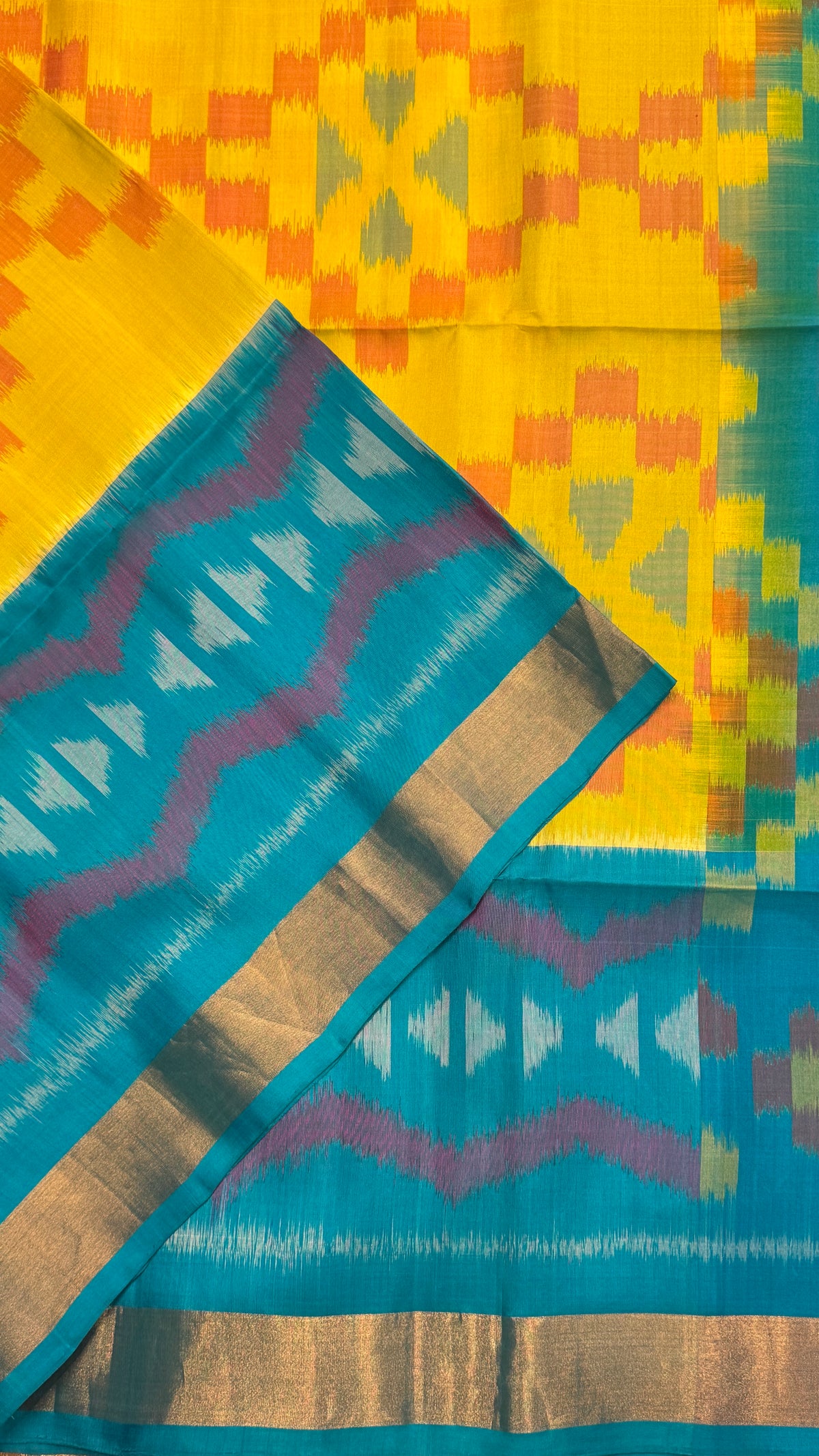 Pure Ikkat Soft Silk saree - Yellow & Turquoise Blue|Silk Mark Certified