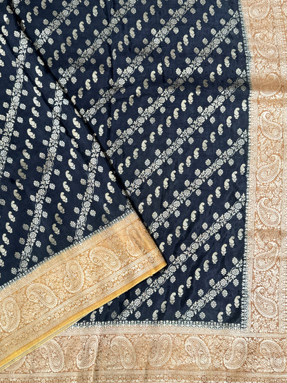 Munga Silk Banarasi Sarees - Black with Mustard Border