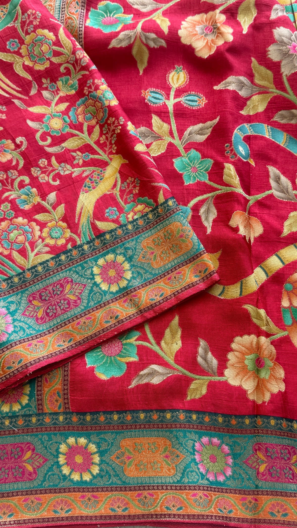Kashmiri Pashmina Kani Silk Saree – Red with Teal Contrast Blouse