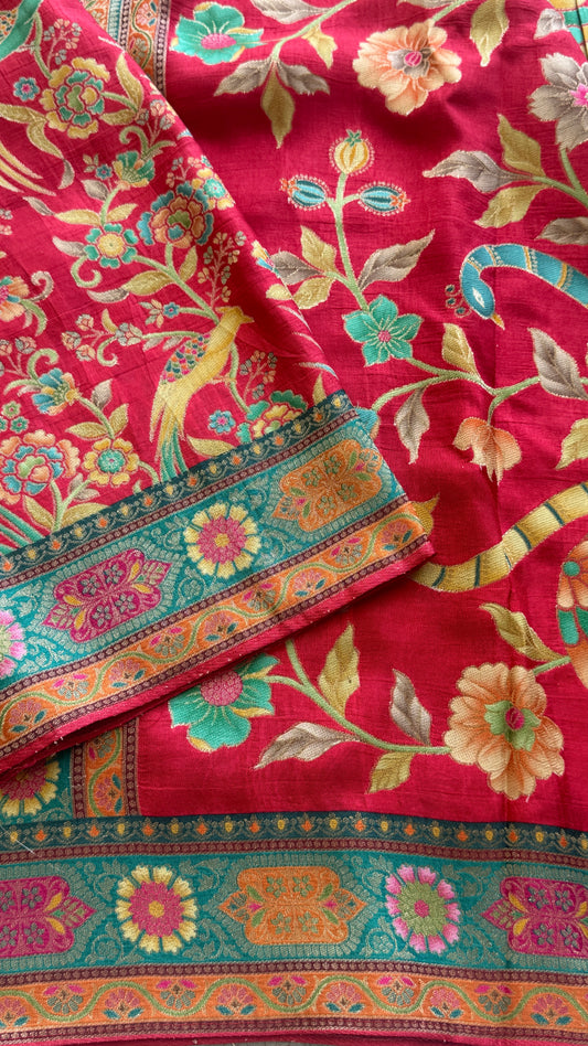 Kashmiri Pashmina Kani Silk Saree – Red with Teal Contrast Blouse