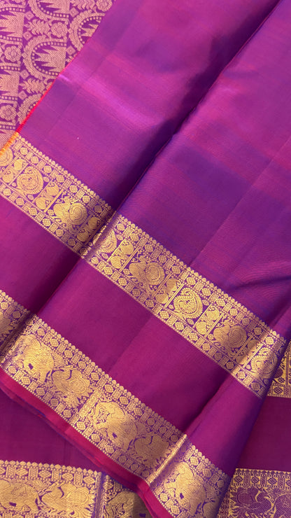 Vintage Wash Pure Kanchipuram Silk Saree – Peacock Blue with Magenta Pink Contrast | Silk Mark Certified
