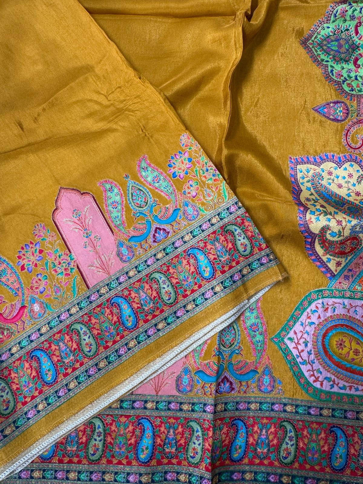Kashmiri Pashmina Kani Silk Saree – Yellow and Red