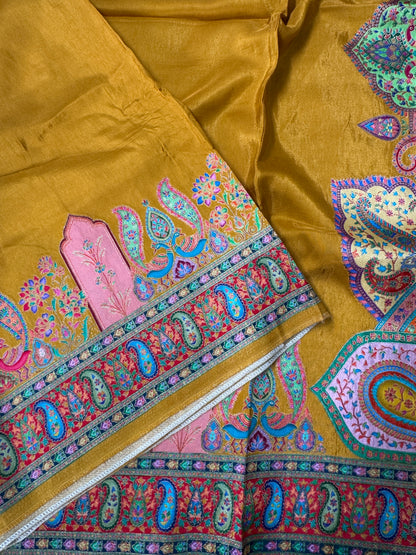 Kashmiri Pashmina Kani Silk Saree – Yellow and Red