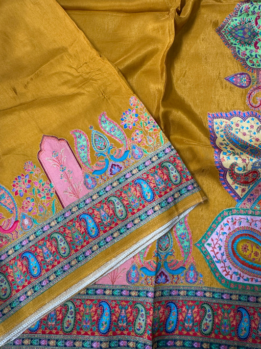 Kashmiri Pashmina Kani Silk Saree – Yellow and Red