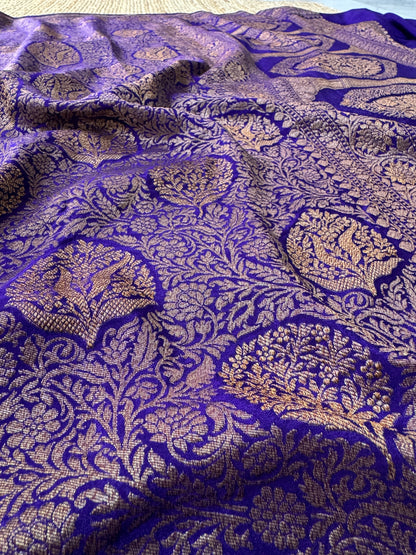 Royal Purple Pure Khaddi Georgette Banarasi Silk Saree with All-Over Gold Zari Jaal |Silk Mark Certified