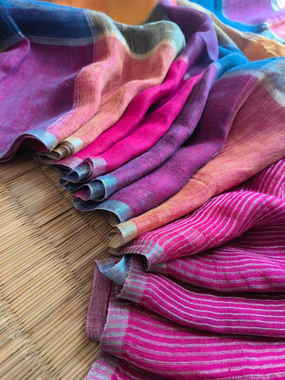 Multicolour Checked Linen Cotton Saree with Silver Zari Border