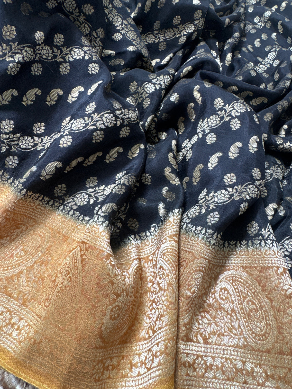 Munga Silk Banarasi Sarees - Black with Mustard Border