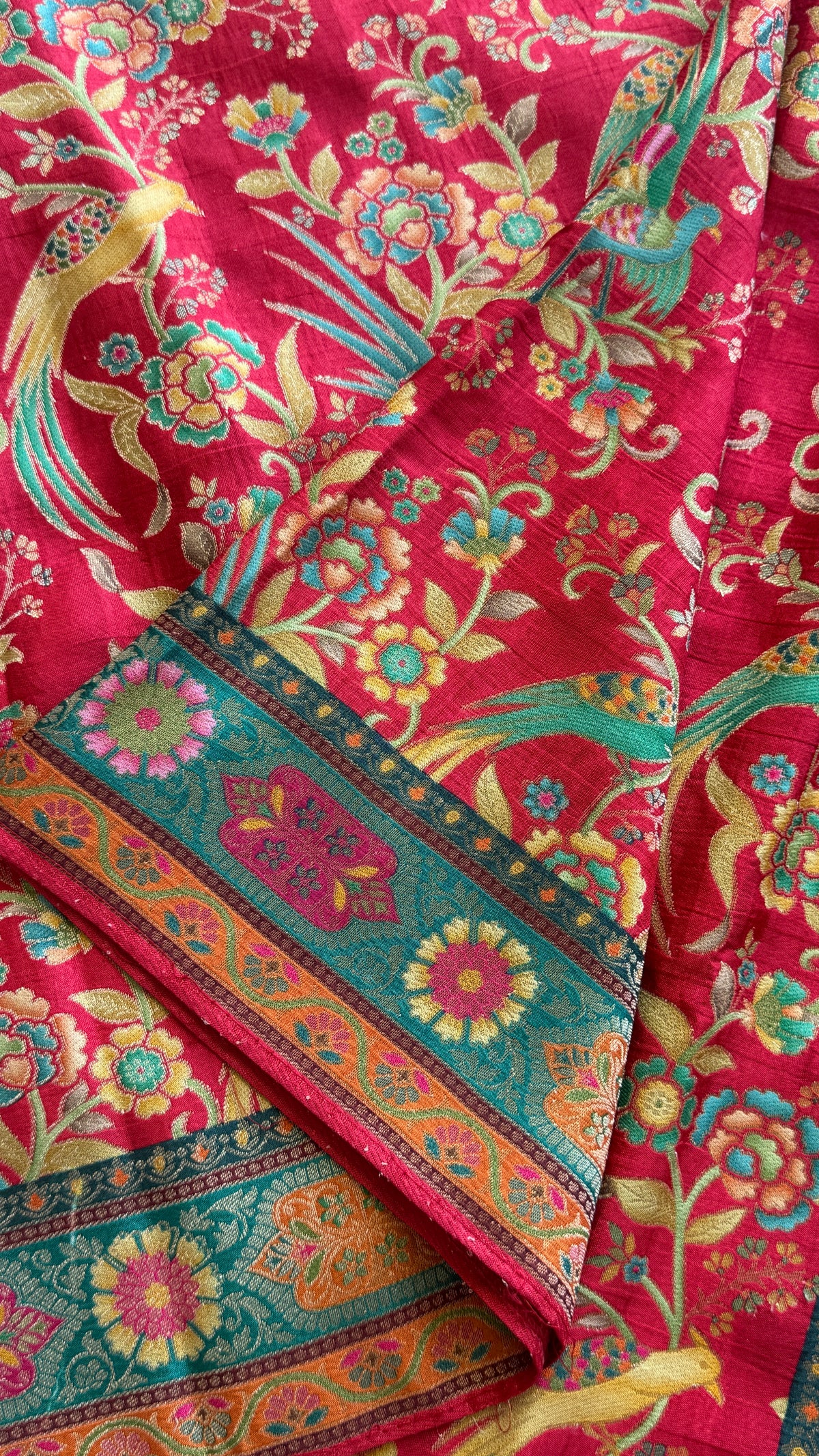 Kashmiri Pashmina Kani Silk Saree – Red with Teal Contrast Blouse