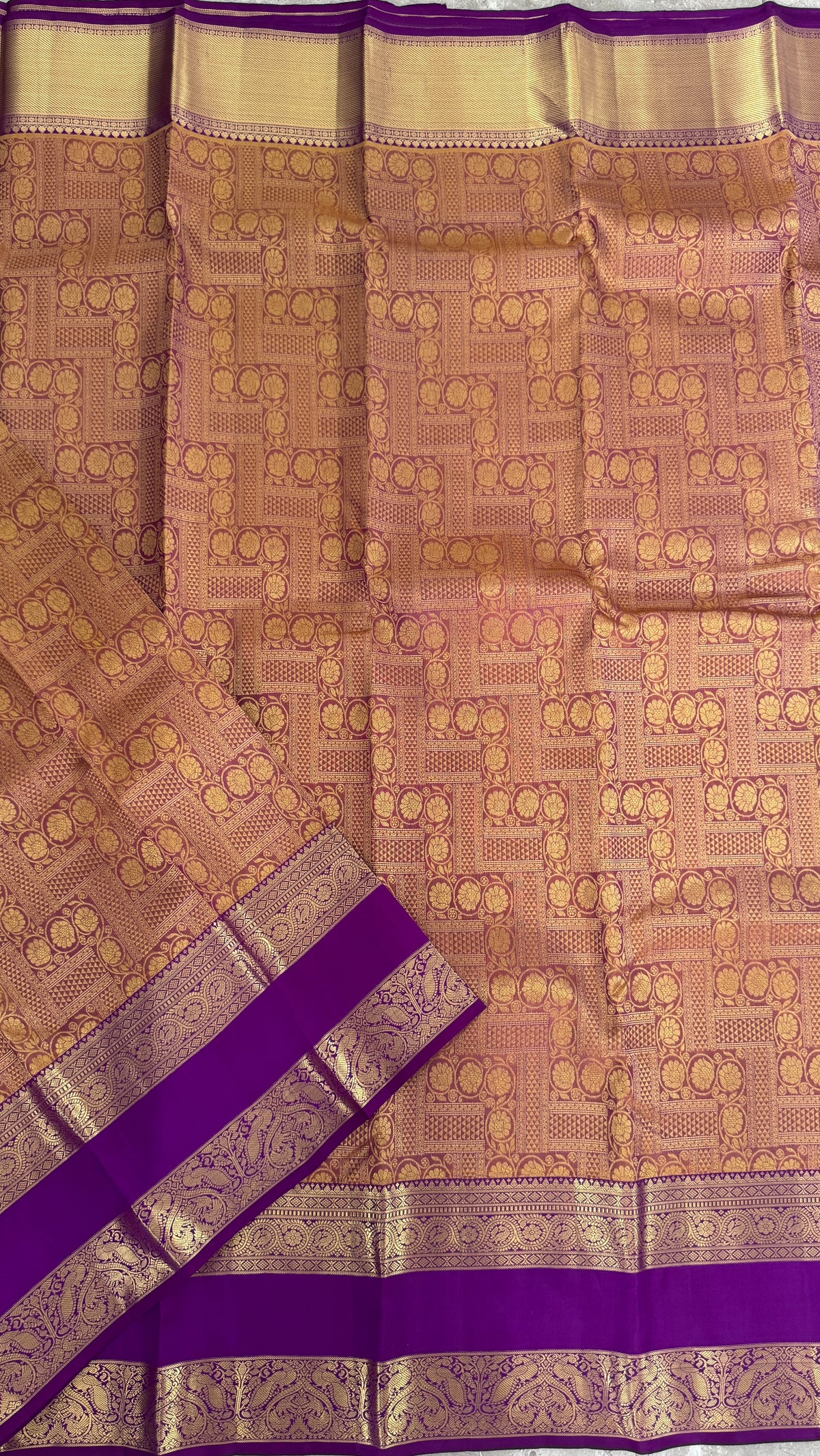 Vintage Wash Pure Kanchipuram Silk Saree – Gold with Royal Purple Contrast | Silk Mark Certified
