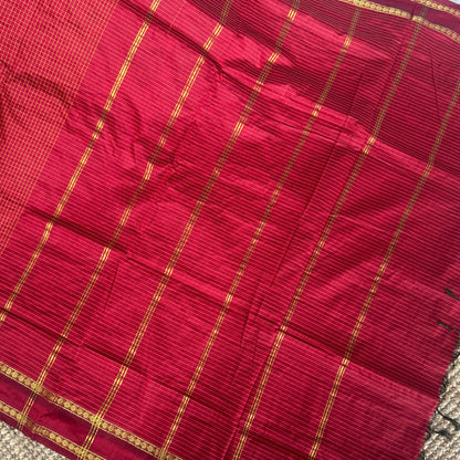 Pure Hand-Woven Checkered Cotton Silk Saree with Gap Border-Red