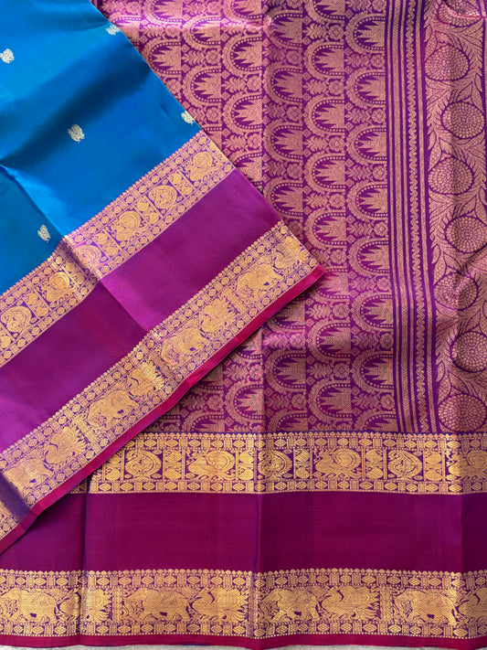 Vintage Wash Pure Kanchipuram Silk Saree – Peacock Blue with Magenta Pink Contrast | Silk Mark Certified