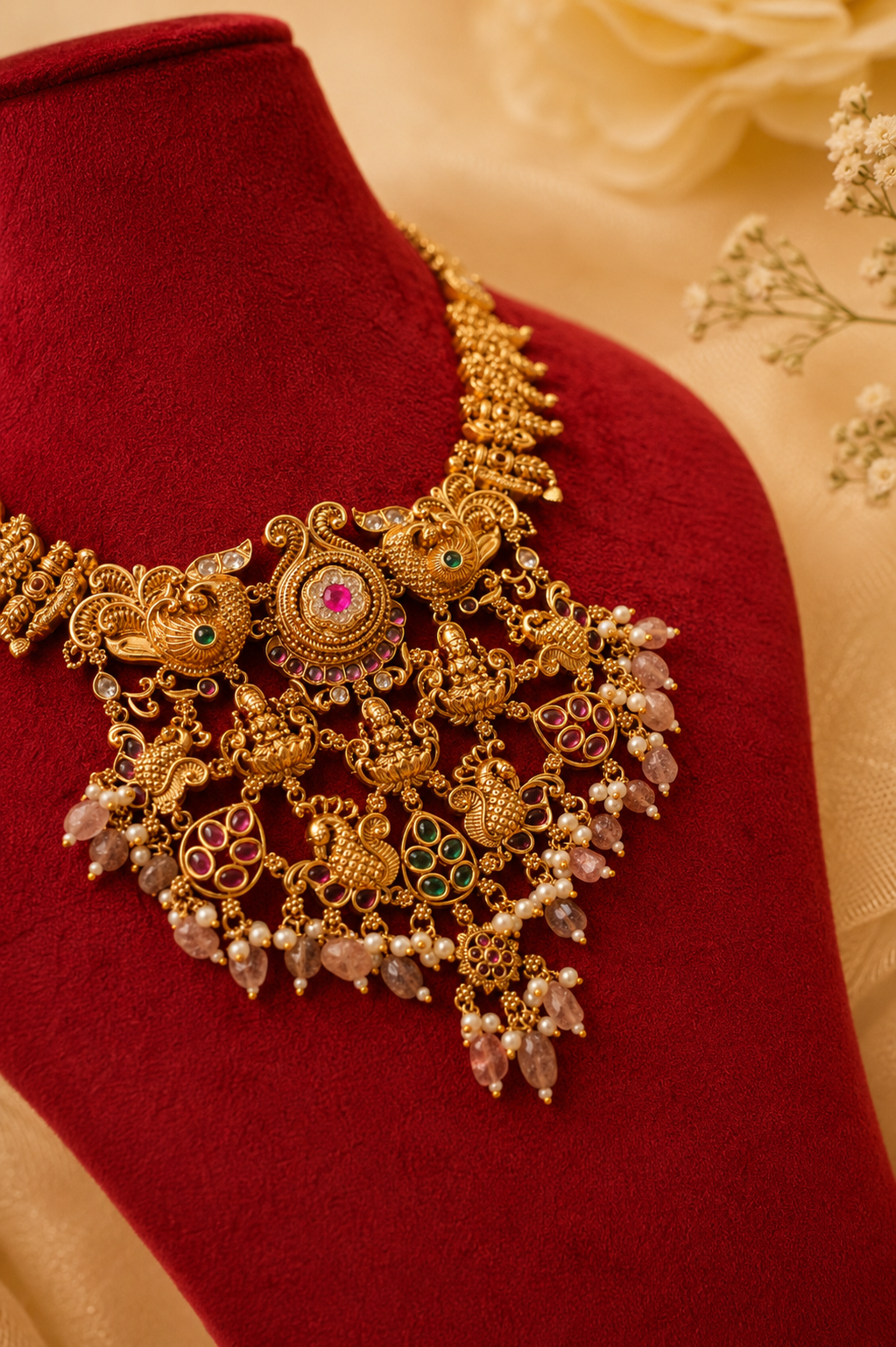 Antique Gold-Plated Temple Necklace Set with Blush Pink Stones