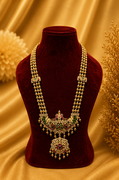 Long Antique Gold-Plated Haaram Set with Traditional Pendant & Jhumkas