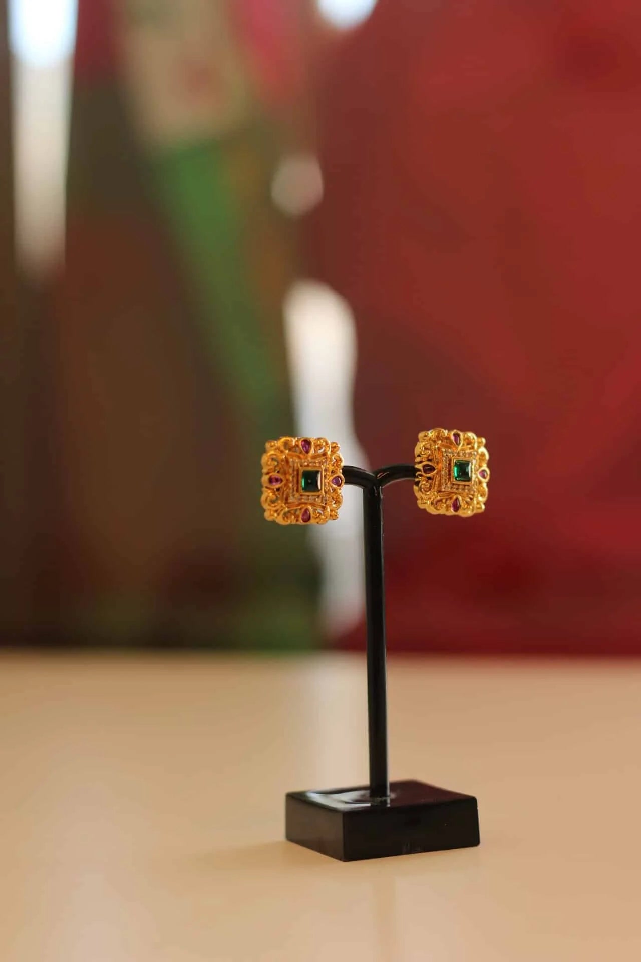 Gold Plated with Ruby & Emerald Stone Stud