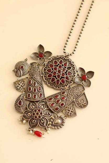 Contemporary German Silver long necklace with red stone work