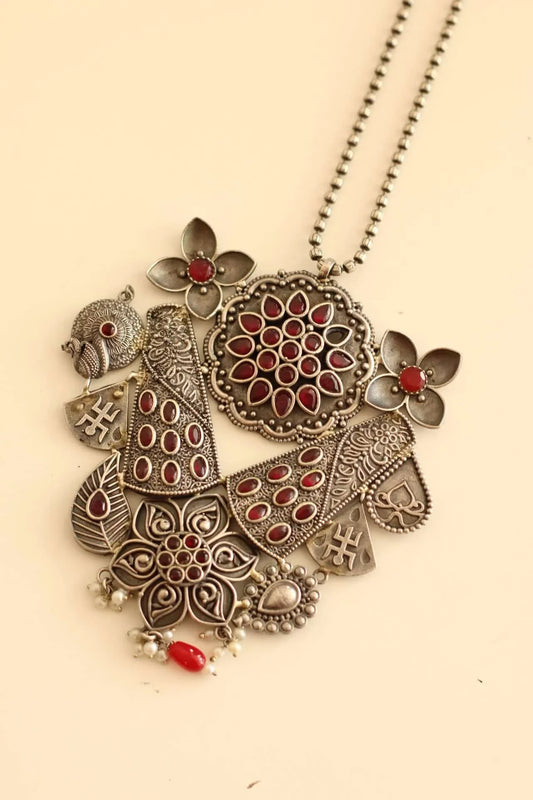 Contemporary German Silver long necklace with red stone work