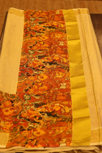 Onam Tissue Silk Saree with Temple Painting in Print
