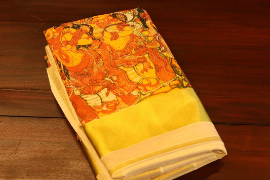 Onam Tissue Silk Saree with Temple Painting in Print