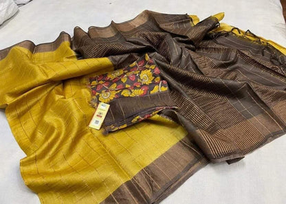 Pure Tussar Silk Saree with Handpainted Blouse-|Silk Mark Certified