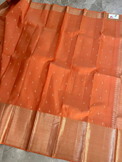 Dark Peach Pure Kanchipuram Silk Saree with Silver Zari Motifs Silk Mark Certified