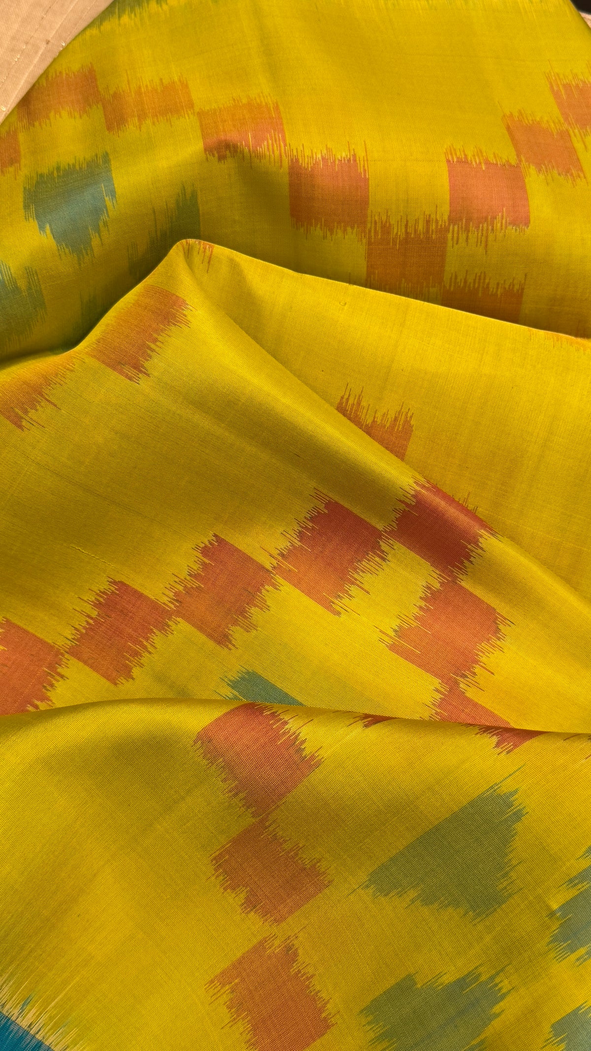 Pure Ikkat Soft Silk saree - Yellow & Turquoise Blue|Silk Mark Certified