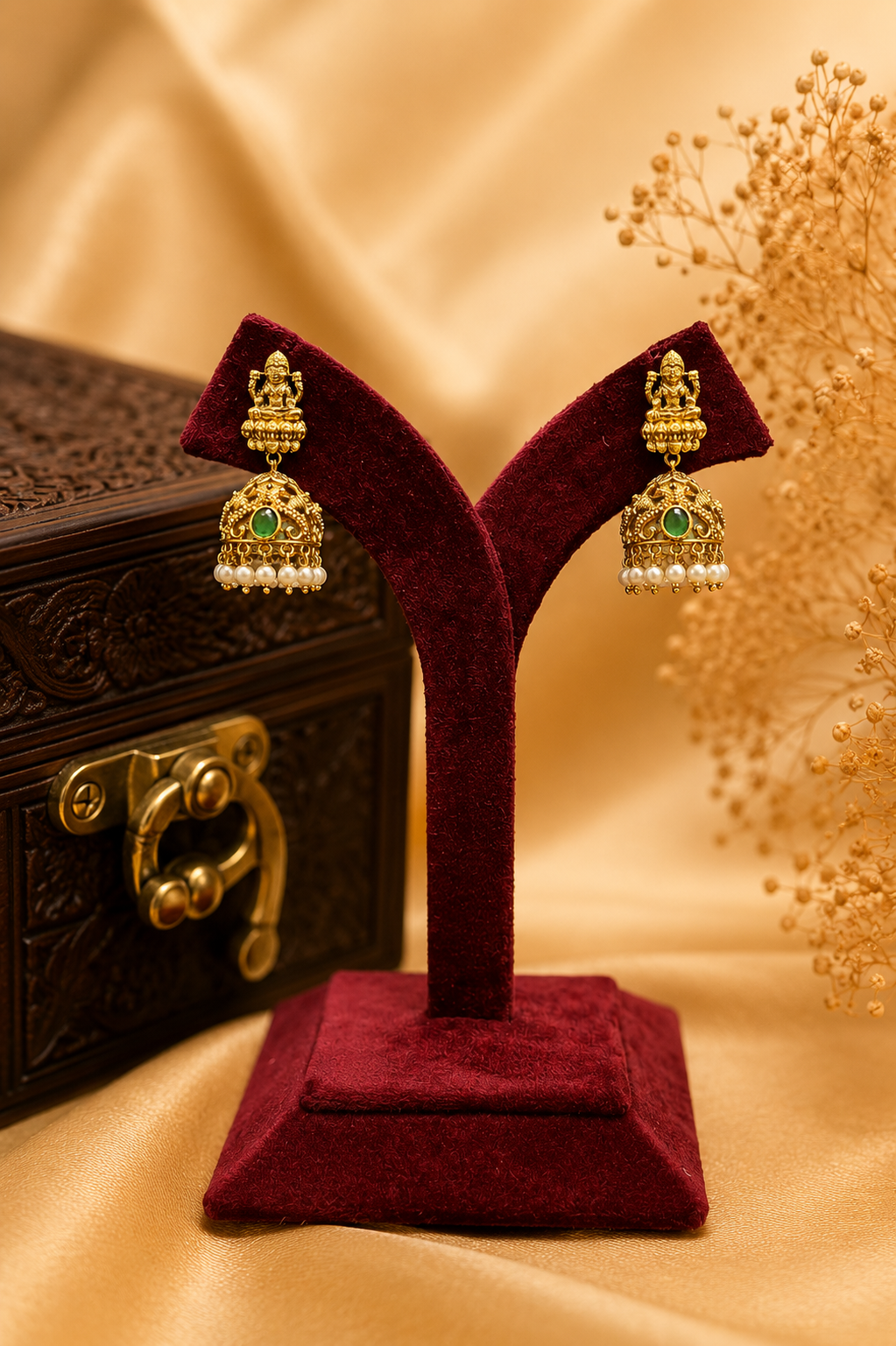 Antique Gold-Plated Temple Layered Haaram Set with Emerald Detailing