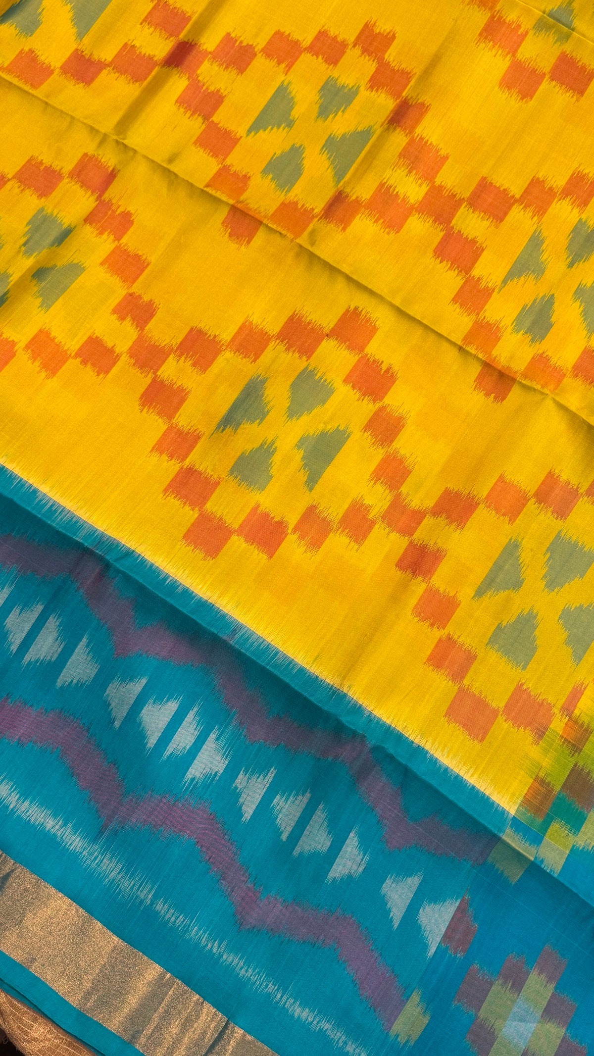 Pure Ikkat Soft Silk saree - Yellow & Turquoise Blue|Silk Mark Certified