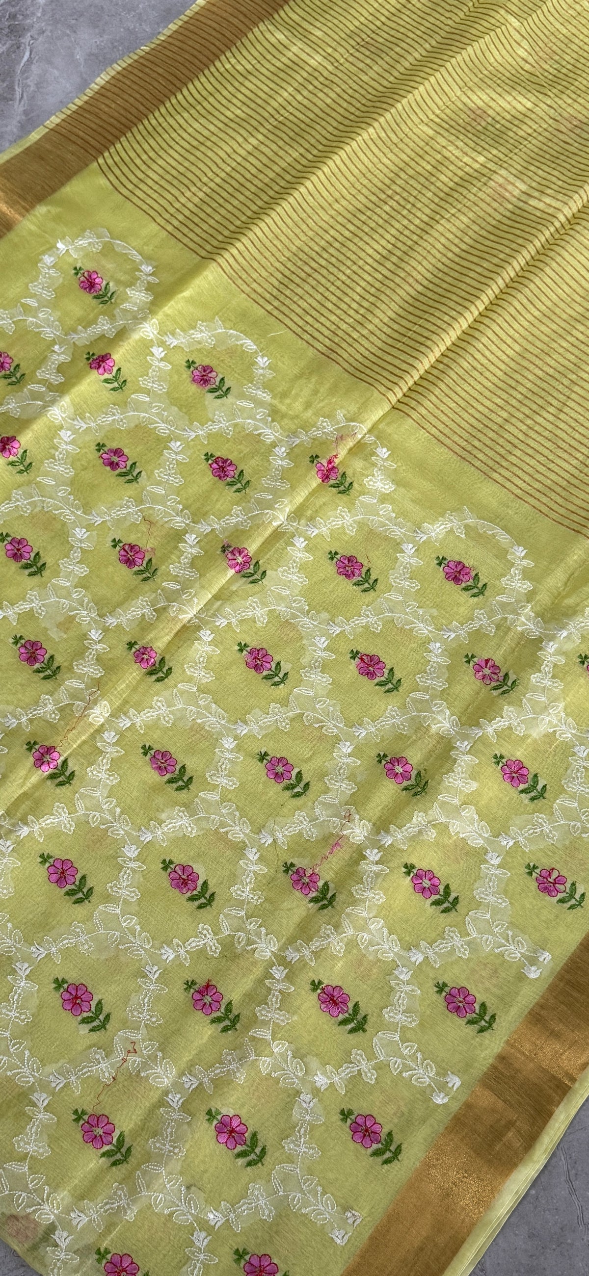 Pure Silk Linen Embroidered Saree – Lemon Yellow with Floral Embroidery