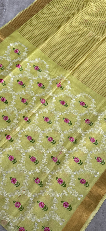 Pure Silk Linen Embroidered Saree – Lemon Yellow with Floral Embroidery