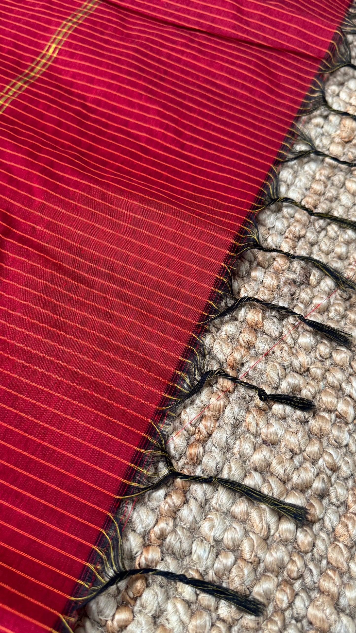 Pure Hand-Woven Checkered Cotton Silk Saree with Gap Border-Red