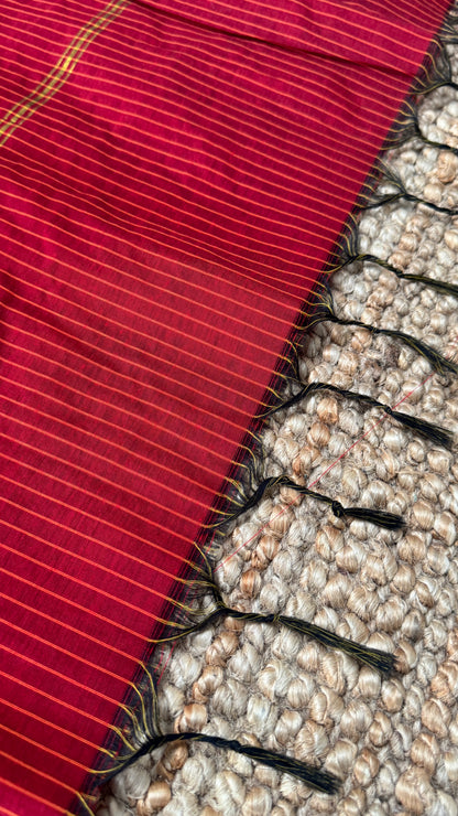 Pure Hand-Woven Checkered Cotton Silk Saree with Gap Border-Red