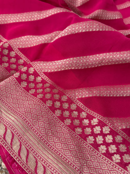 Pure Georgette Leheriya Saree – Dark Crossandra Pink with Gold Zari Weaving