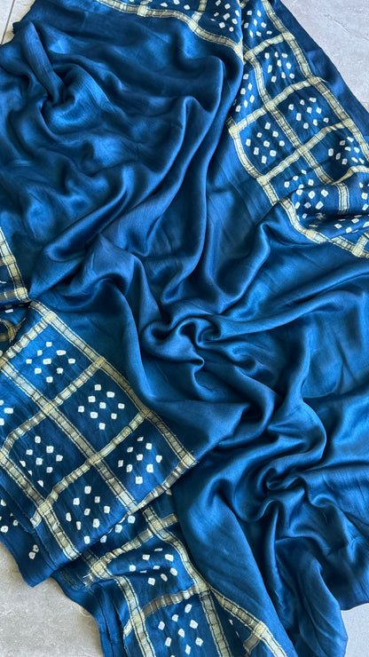 Tie & Dye Handknotted Gharchola Bandhej Pure Gajji Silk Saree - Peacock Blue