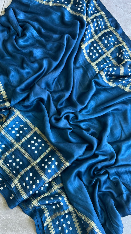 Tie & Dye Handknotted Gharchola Bandhej Pure Gajji Silk Saree - Peacock Blue