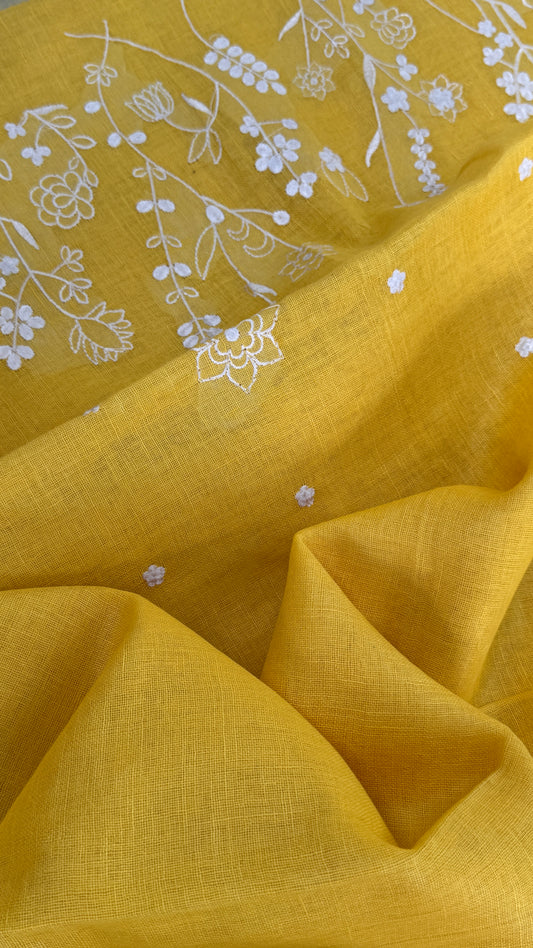 Pure Linen Saree – Sunshine Yellow with Silver Zari & Enbroidery