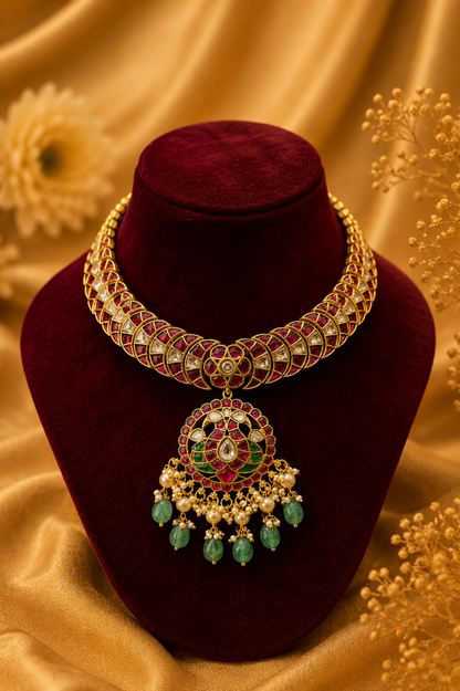 Pure Jadau Statement Choker Necklace Set with Mint Green Stone Drops
