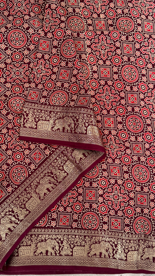 Pure Modal Based Saree with Ajrakh Prints & Banarasi Elephant Zari Border – Deep Maroon