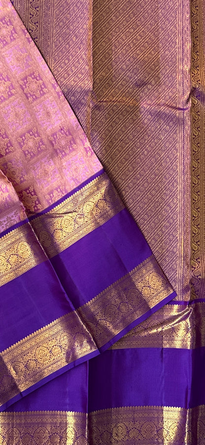 Vintage Wash Pure Kanchipuram Silk Saree – Pink with Royal Purple Contrast | Silk Mark Certified