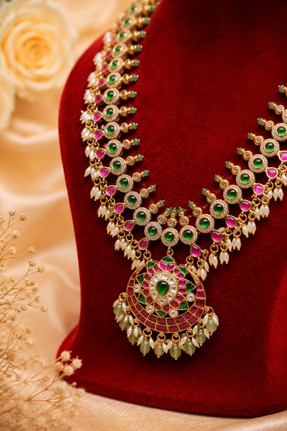 Antique Gold-Plated Jadau & Emerald Stone Haram Set with Pearl Drops