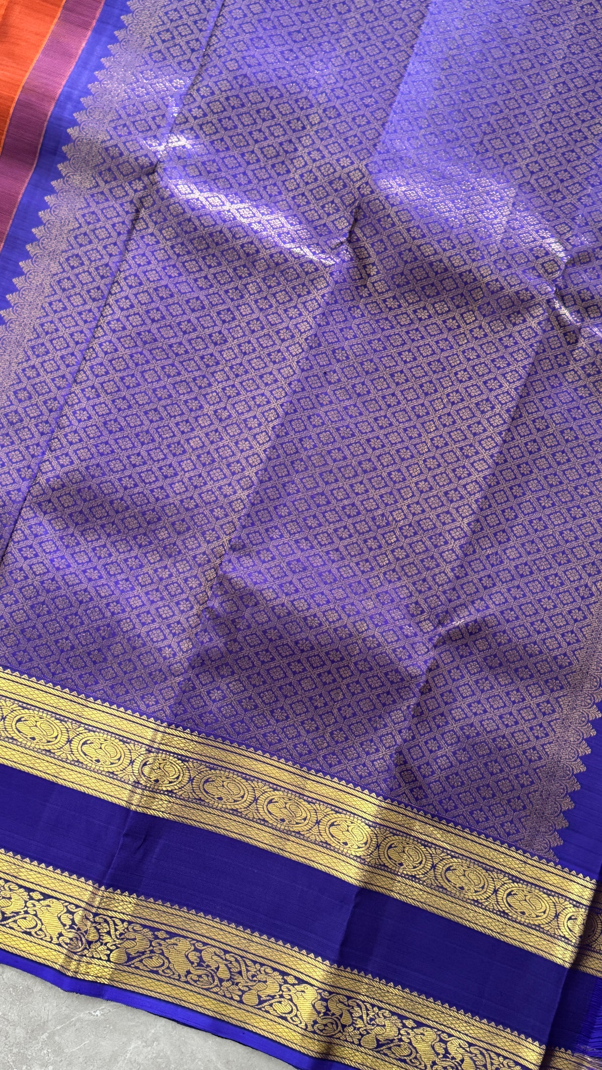 Vintage Wash Pure Kanchipuram Silk Saree – Rust with Royal Blue Contrast | Silk Mark Certified