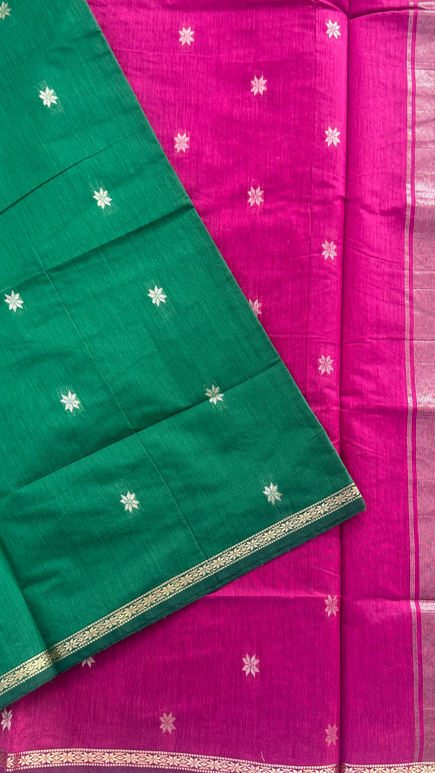 Maheshwari Silk Cotton Saree | Emerald Green With Pink