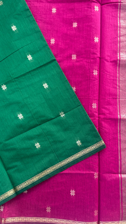 Maheshwari Silk Cotton Saree | Emerald Green With Pink