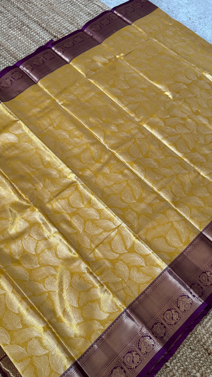 Semi Silk Mini Kanchivaram Tissue Saree – Light Golden Yellow & Magenta